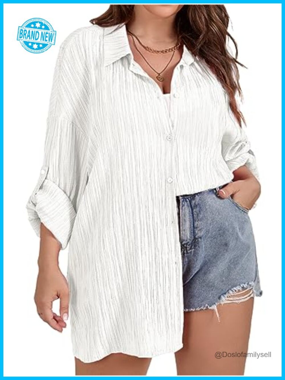 Plus Size Button Down Shirt Oversized Crinkle Texture Long Sleeve